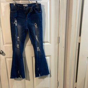 Chic Distressed Flare Jeans in Deep Blue